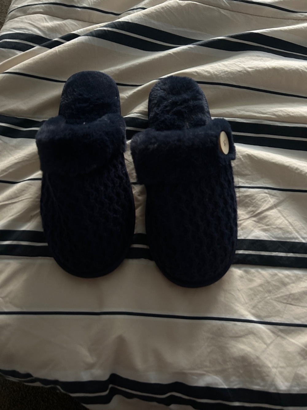 Cozy Navy Fuzzy Slip-On Slippers